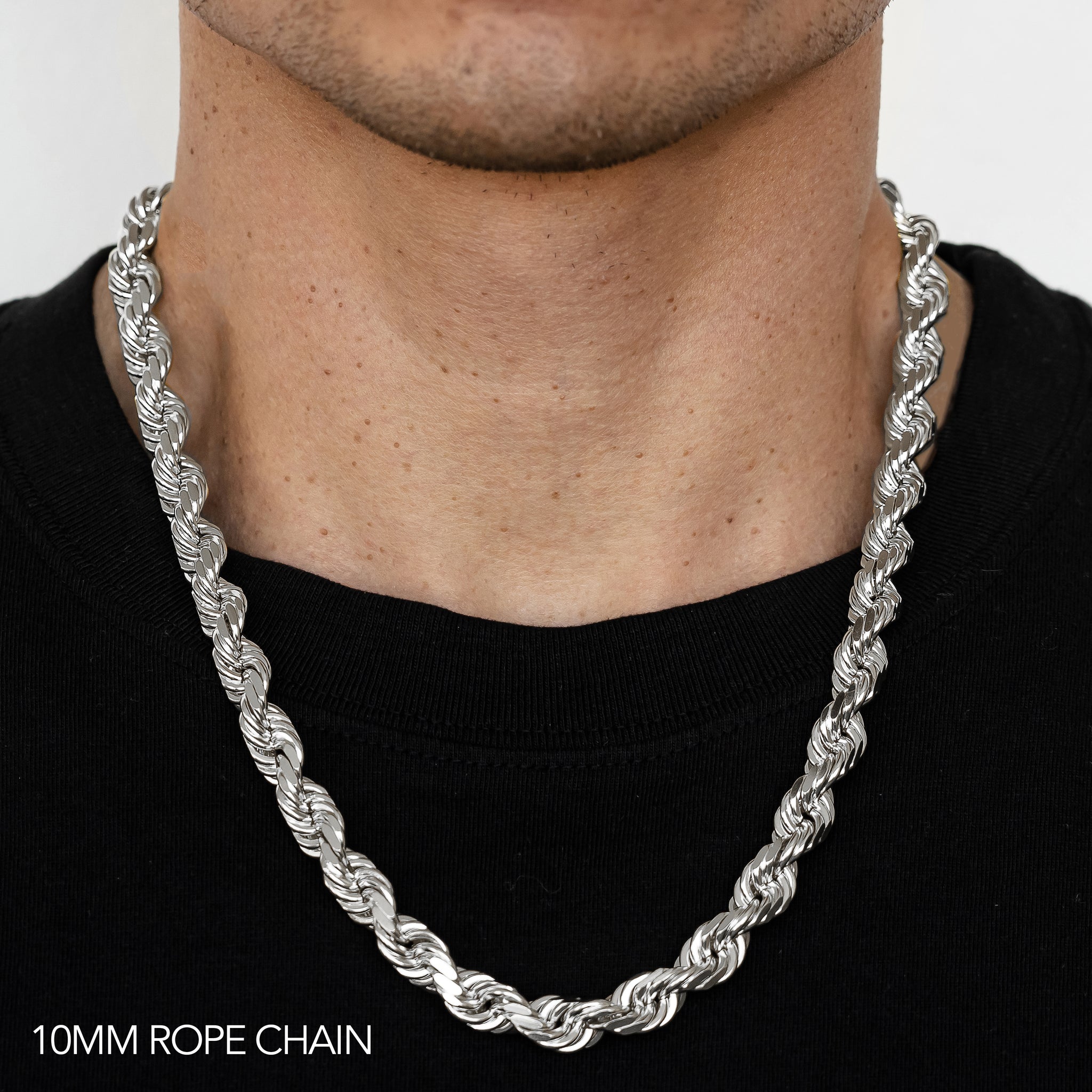 14K 10MM WHITE GOLD SOLID DC ROPE 16" CHAIN NECKLACE (AVAILABLE IN LENGTHS 7" - 30")