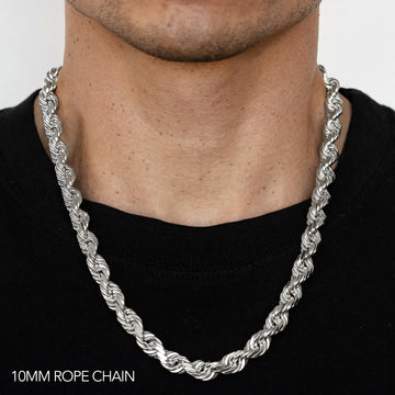 14K 10MM WHITE GOLD SOLID DC ROPE 16" CHAIN NECKLACE (AVAILABLE IN LENGTHS 7" - 30")