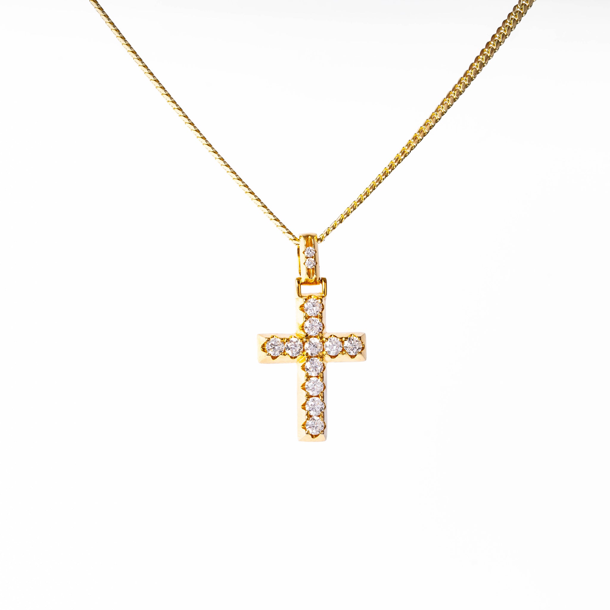 14k Yellow Gold 4 Prong Flat Setting Cross w/ 14k Yellow Gold Cuban Set